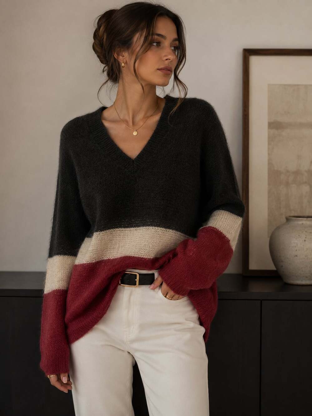 & Other Stories Stockholm Atelier Color Block V-Neck Mohair Blend Sweater